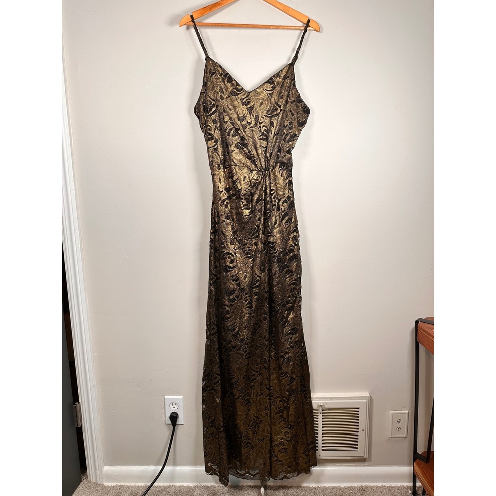 Joyfolie Maxi Dress Women Size L Gold Black Metallic Lace V-Neck Formal whimsy